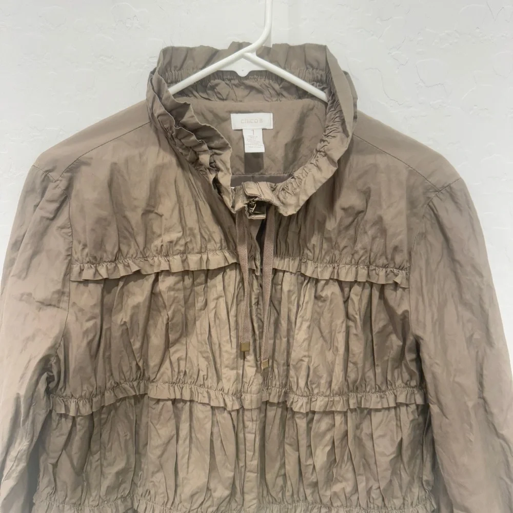 Chico's Tan Utility Jacket Womens 1 M/8 Elasticized Waist Green Military Pleated